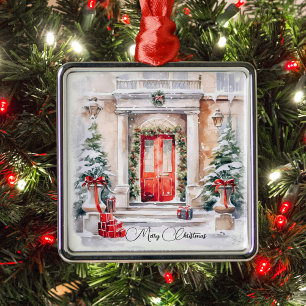 Ornement Carré Argenté Élégante porte rouge classique Joyeux Noël