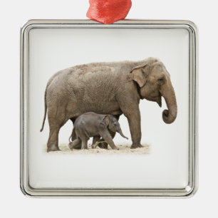 Ornement Carré Argenté Eléphant mère et bébé