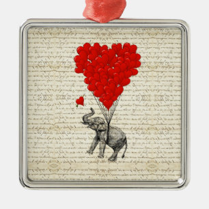 Ornement Carré Argenté Eléphant romantique et ballons cardiaques