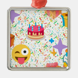 Ornement Carré Argenté emoji anniversaire heureux