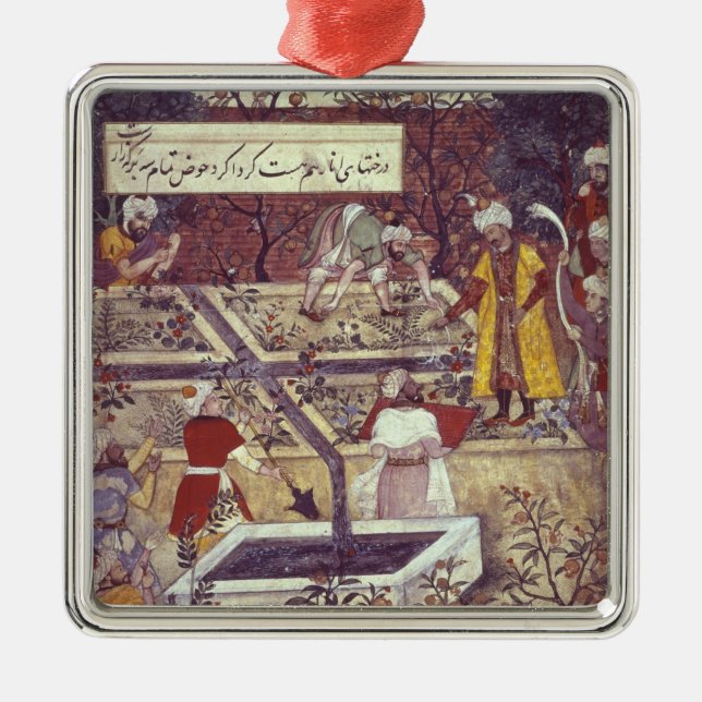 Ornement Carré Argenté Empereur Babur et son plan d'architecte (Devant)