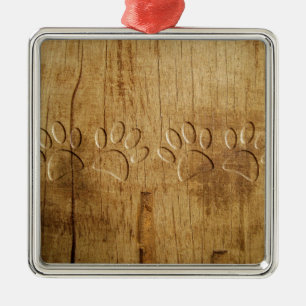 Ornement Carré Argenté Empreinte de patte de chien en bois sculpté