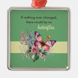 Ornement Carré Argenté Encouragement Papillon et Fleurs sur Vert