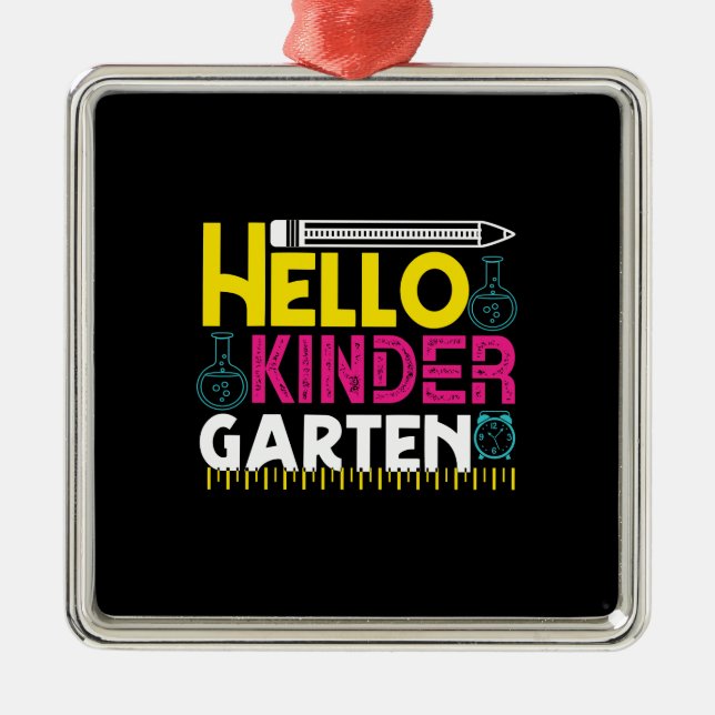 Ornement Carré Argenté Enseignant Hello Kinder Garten (Devant)