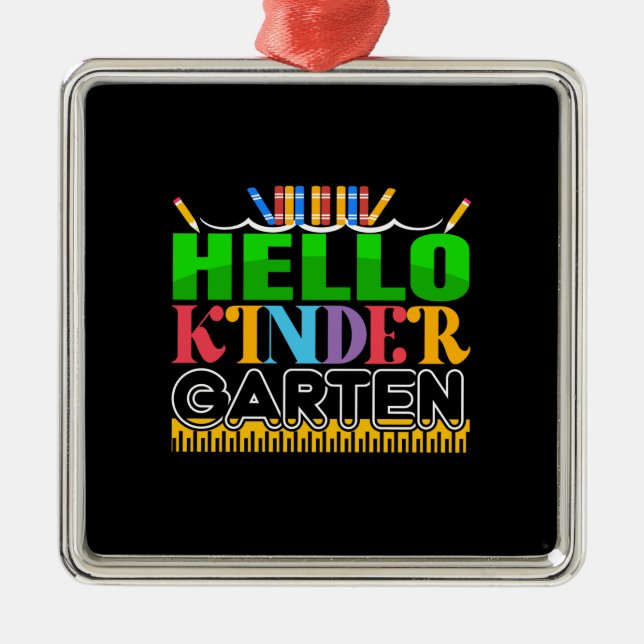 Ornement Carré Argenté Enseignant Hello Kinder Garten (Devant)