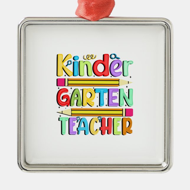 Ornement Carré Argenté Enseignant Kinder Garten (Devant)