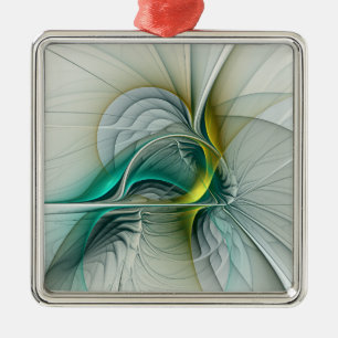 Ornement Carré Argenté Évolution fractale, Art Abstrait Turquoise d'or