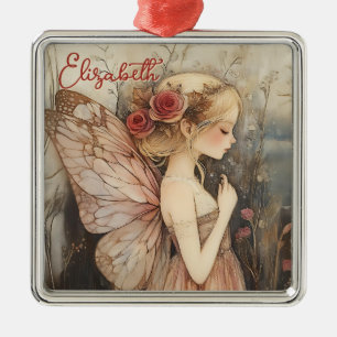 Ornement Carré Argenté Fée de Noël Vintage personnalisée avec Rose