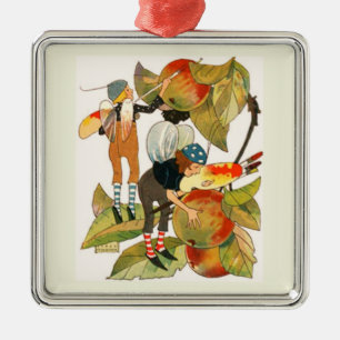 Ornement Carré Argenté Fées Artistes Peignant des Fruits