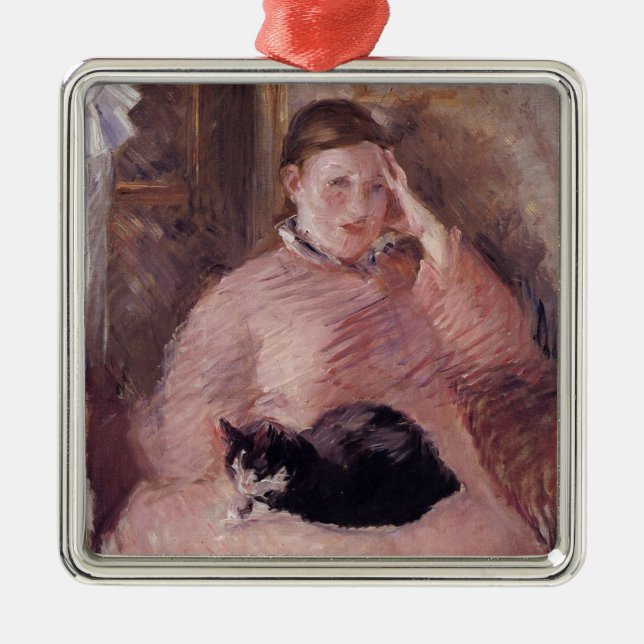 Ornement Carré Argenté Femme avec un chat (par Edouard Manet) (Devant)