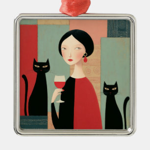 Ornement Carré Argenté Femme Élégante Chats Noirs et Vin
