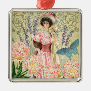 Ornement Carré Argenté Femme victorienne florale rose Régence