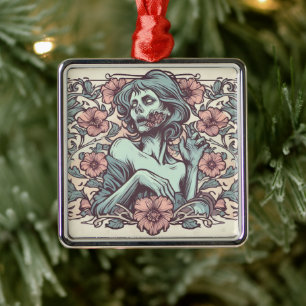 Ornement Carré Argenté Femme Zombie Art Nouveau avec Fleurs Jolie
