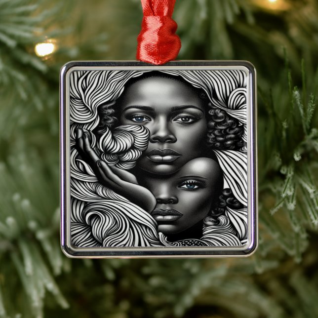 Ornement Carré Argenté Femmes afro-américaines Abstraites noires et blanc (Arbre)