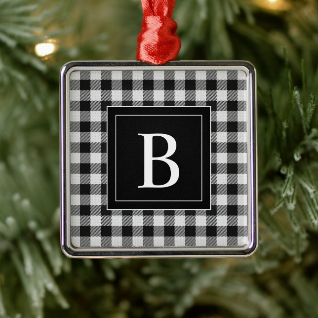 Ornement Carré Argenté Ferme moderne Buffle noir Plaid Monogramme (Arbre)