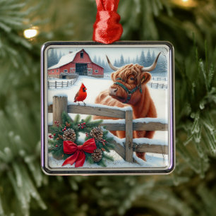 Ornement Carré Argenté Festive Highland Cow et Noël cardinal