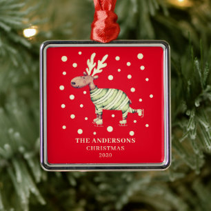 Ornement Carré Argenté Festive Red Christmas Reindeer Nom du patinage