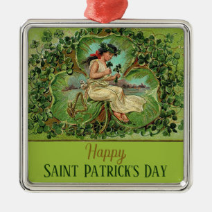 Ornement Carré Argenté Fête de la Saint-Patrick Fille Vintage avec Trèfle