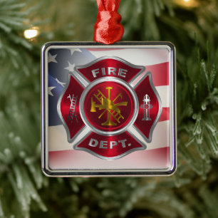 Ornement Carré Argenté Fier Noël des pompiers américains