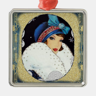 Ornement Carré Argenté Fil de Noël Fille Grosse fourrure blanche