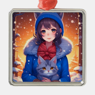 Ornement Carré Argenté Fille Anime et un Chaton Hiver Noël