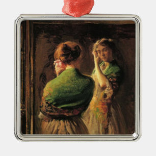 Ornement Carré Argenté Fille avec châle vert (par Joseph DeCamp)