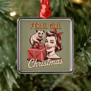 Ornement Carré Argenté Fille sauvage Noël Opossum Xmas Rétro branché