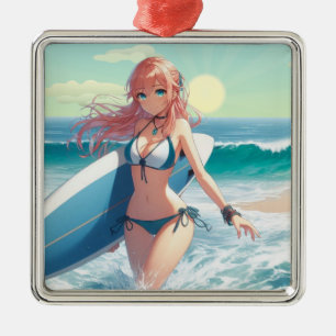 Ornement Carré Argenté Fille surfeuse anime côtière/nautique/tropicale