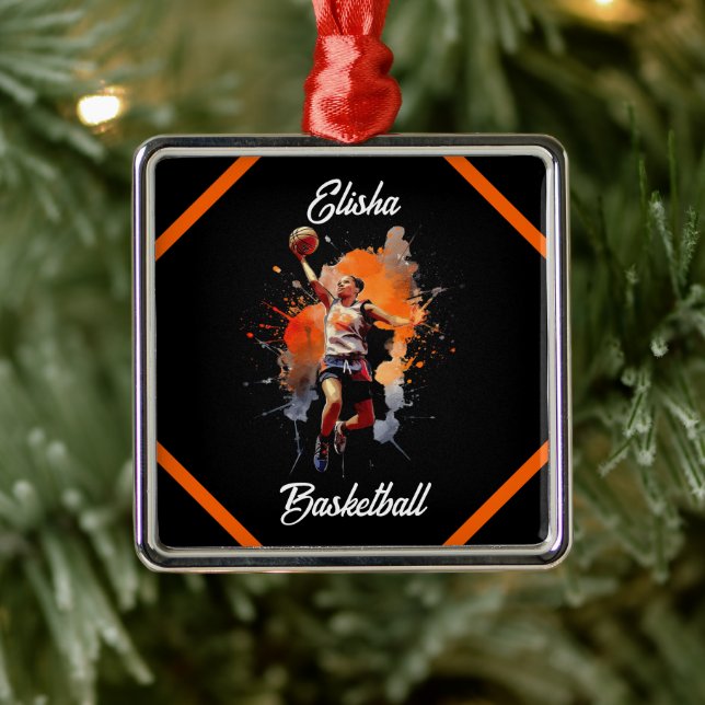 Ornement Carré Argenté Filles Basketball Aquarelle Personnalisée (Arbre)