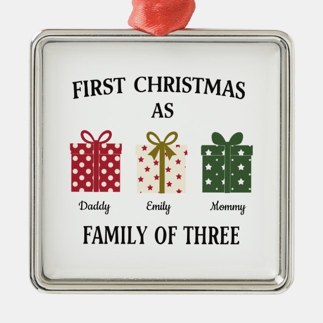 Ornement Carré Argenté First Christmas as Family of Three Gift (Devant)