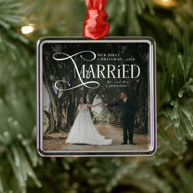 Ornement Carré Argenté First Christmas Married Mr & Mrs Couples Photo  (Arbre)