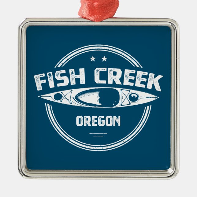 Ornement Carré Argenté Fish Creek Oregon Kayak (Devant)
