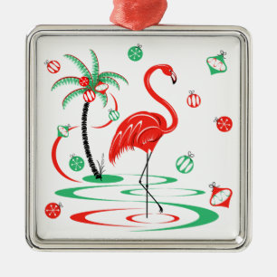 Ornement Carré Argenté Flamant rose rouge de Noël Baubles carré
