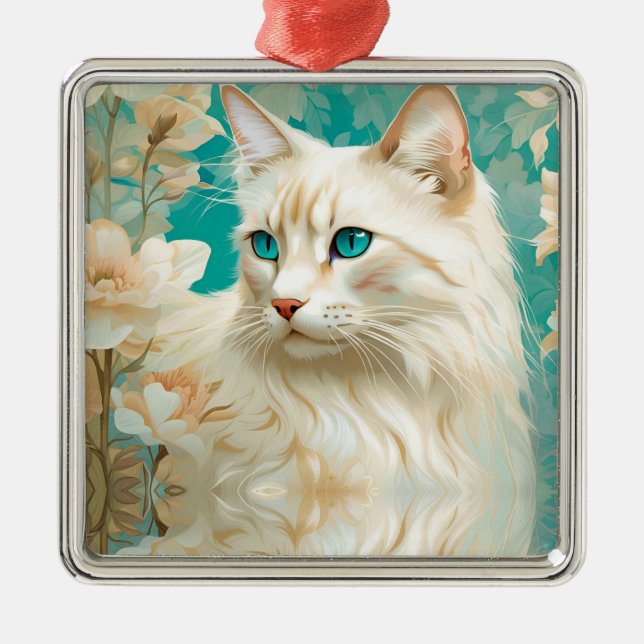 Ornement Carré Argenté Flamme Lynx Point Siamese Portrait Art (Devant)