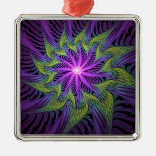 Ornement Carré Argenté Fleur Abstraite Moderne de Fractale Verte Violette