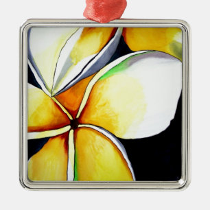 Ornement Carré Argenté Fleur de frangipanier jaune tropicale, art origina