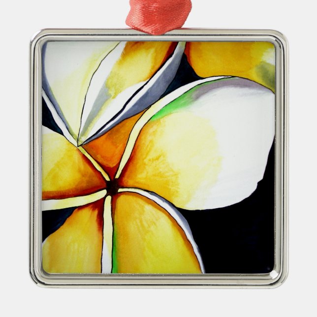 Ornement Carré Argenté Fleur de frangipanier jaune tropicale, art origina (Devant)