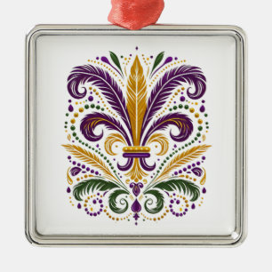 Ornement Carré Argenté Fleur de lis jaune et vert violet