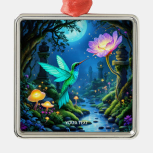 Ornement Carré Argenté Fleur d'oiseaux vert mignon Imaginaire