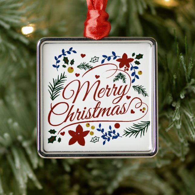 Ornement Carré Argenté Fleur Joyeux Noël (Arbre)