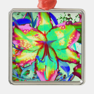 Ornement Carré Argenté Fleur tropicale fleurie fleurie verte rose