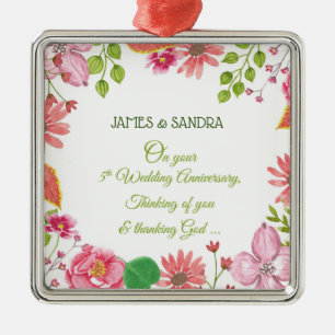 Ornement Carré Argenté Fleurs de 5e anniversaire de mariage religieux