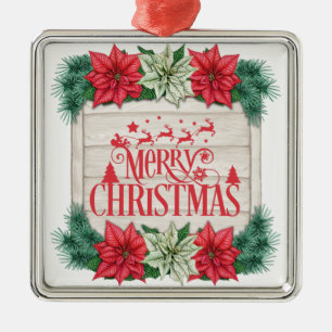 Ornement Carré Argenté Fleurs de poinsettia de Noël joyeux
