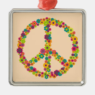 Ornement Carré Argenté Fleurs des signes de paix hippie
