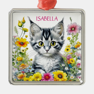 Ornement Carré Argenté Fleurs et chats Whimsical Noël personnalisé
