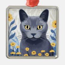Fleurs Jaunes Chat Bleu Russe