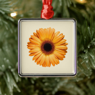 Ornement Carré Argenté Fleurs Orange Gerbera