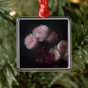 Ornement Carré Argenté Fleurs   Pale Pink Peonies dans Vase