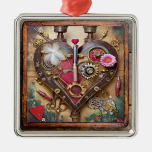 Ornement Carré Argenté Fleurs Rouge à Lèvres Coeur Série Steampunk