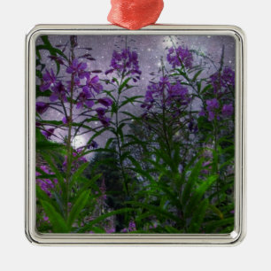 Ornement Carré Argenté Fleurs Violettes Fantaisie Nocturne